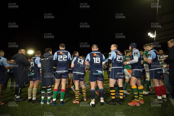 230220 - Cardiff Blues v Benetton Rugby, Guinness PRO14 - Cardiff Blues players wearing socks from their home clubs, line up to clap Benetton Rugby off the pitch