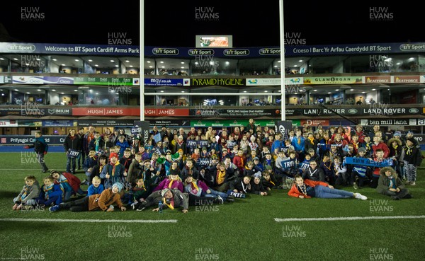 230220 - Cardiff Blues v Benetton Rugby, Guinness PRO14 - Representatives of the scouts groups on the pitch at the end of the match
