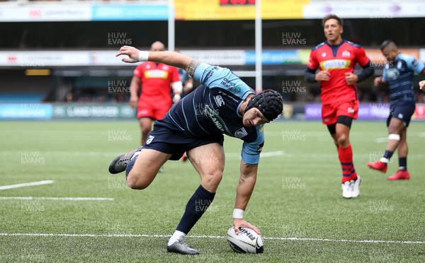 200816 - Cardiff Blues v Bristol Rugby - Pre Season Friendly - Tom James of Cardiff Blues scores a try