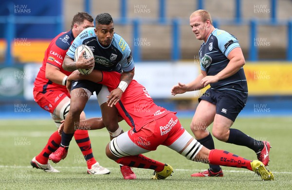 200816 - Cardiff Blues v Bristol Rugby - Pre Season Friendly - Rey Lee Lo of Cardiff Blues is tackled by Ben Glynn of Bristol Rugby