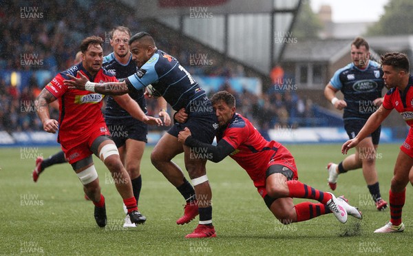 200816 - Cardiff Blues v Bristol Rugby - Pre Season Friendly - Rey Lee Lo of Cardiff Blues is tackled by Gavin Henson of Bristol Rugby