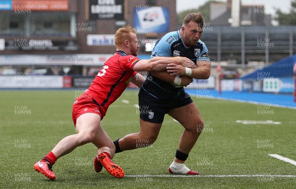 200816 - Cardiff Blues v Bristol Rugby - Pre Season Friendly - Dillon Lewis of Cardiff Blues is tackled by Will Hurrel of Bristol Rugby