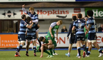 060315 - Cardiff Blues v Connacht - Guinness PRO12 -Rhys Patchell of Cardiff Blues celebrates his match winning kick