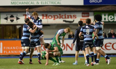 060315 - Cardiff Blues v Connacht - Guinness PRO12 -Rhys Patchell of Cardiff Blues celebrates his match winning kick