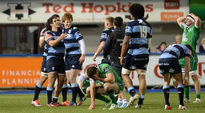 060315 - Cardiff Blues v Connacht - Guinness PRO12 -Rhys Patchell of Cardiff Blues celebrates his match winning kick