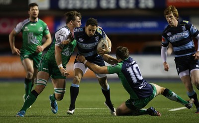 060315 - Cardiff Blues v Connacht, Guinness PRO12 - Cardiff Blues' Joaquin Tuculet is tackled by Connacht's Craig Ronaldson and Connacht's Jake Heenan 