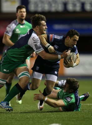 060315 - Cardiff Blues v Connacht, Guinness PRO12 - Cardiff Blues' Joaquin Tuculet is tackled by Connacht's Craig Ronaldson and Connacht's Jake Heenan 