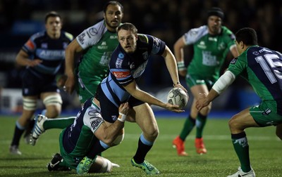 060315 - Cardiff Blues v Connacht, Guinness PRO12 - Cardiff Blues' Cory Allen looks for support as he's tackled by Connacht's John Muldoon