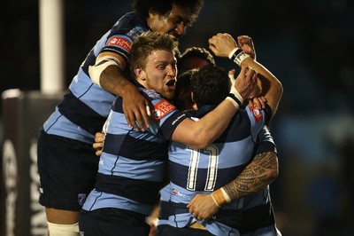 060315 - Cardiff Blues v Connacht, Guinness PRO12 - Cardiff Blues' celebrate with Joaquin Tuculet after he scores the winning try