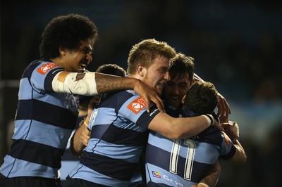 060315 - Cardiff Blues v Connacht, Guinness PRO12 - Cardiff Blues' celebrate with Joaquin Tuculet after he scores the winning try