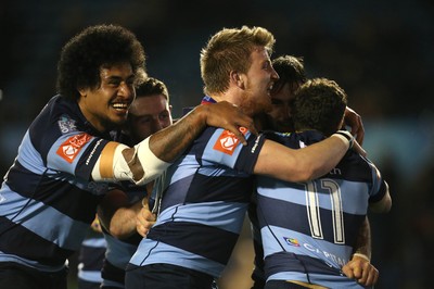 060315 - Cardiff Blues v Connacht, Guinness PRO12 - Cardiff Blues' celebrate with Joaquin Tuculet after he scores the winning try