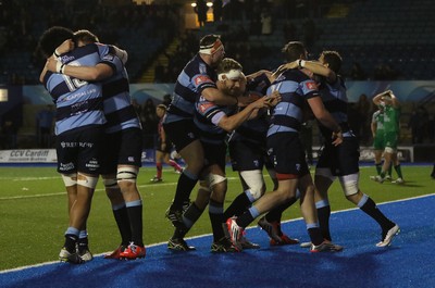 060315 - Cardiff Blues v Connacht, Guinness PRO12 - Cardiff Blues' players celebrate after Joaquin Tuculet races in to score the winning try