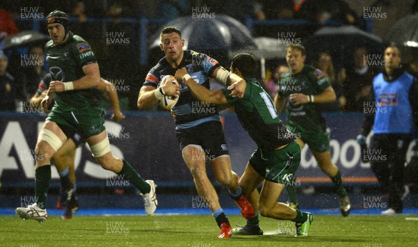 130913 - Cardiff Blues v Connacht - RaboDirect PRO12 -Alex Cuthbert of Cardiff Blues takes on Teirnan O'Halloran of Connacht