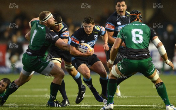 130913 - Cardiff Blues v Connacht - RaboDirect PRO12 -Harry Robinson of Cardiff Blues tries to get past Brett Wilkinson and George Naoupu of Connacht