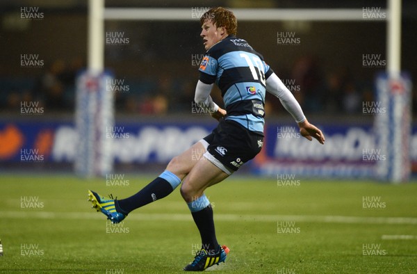 130913 - Cardiff Blues v Connacht - RaboDirect PRO12 -Rhys Patchell of Cardiff Blues kicks at goal