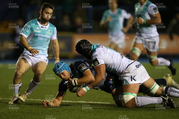 241117 - Cardiff Blues v Connacht - Guinness PRO14 - Olly Robinson of Cardiff Blues is taken down by John Muldoon of Connacht just before the line