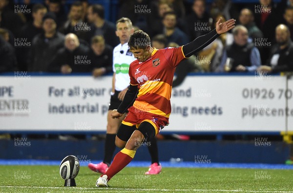 061017 - Cardiff Blues v Dragons Rugby - Guinness PRO14 - Gavin Henson of Dragons kicks at goal