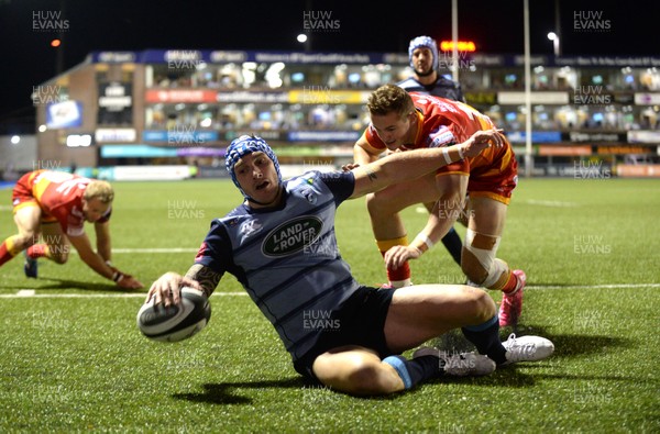 061017 - Cardiff Blues v Dragons Rugby - Guinness PRO14 - Tom James of Cardiff Blues scores try