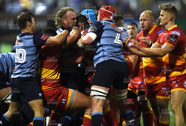 061017 - Cardiff Blues v Dragons Rugby - Guinness PRO14 - Kristian Dacey of Cardiff Blues and Elliot Dee of Dragons gets to grips with each other