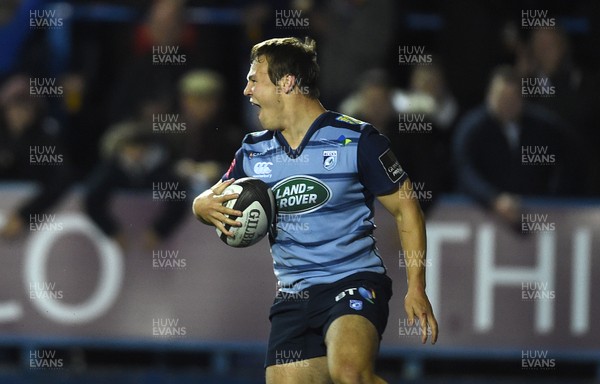 061017 - Cardiff Blues v Dragons Rugby - Guinness PRO14 - Jarrod Evans of Cardiff Blues celebrates try