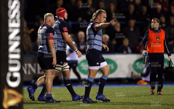 061017 - Cardiff Blues v Dragons Rugby - Guinness PRO14 - Kristian Dacey of Cardiff Blues celebrates scoring a try