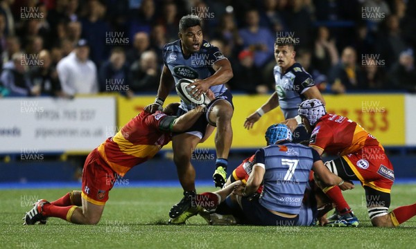 061017 - Cardiff Blues v Dragons Rugby - Guinness PRO14 - Nick Williams of Cardiff Blues is tackled by Brok Harris of Dragons