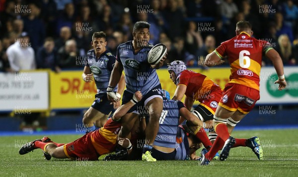 061017 - Cardiff Blues v Dragons Rugby - Guinness PRO14 - Nick Williams of Cardiff Blues is tackled by Brok Harris of Dragons