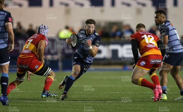 061017 - Cardiff Blues v Dragons Rugby - Guinness PRO14 - Alex Cuthbert of Cardiff Blues is challenged by Ollie Griffiths and Jack Dixon of Dragons