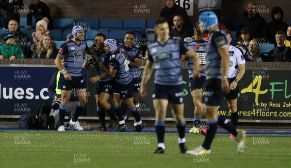 061017 - Cardiff Blues v Dragons Rugby - Guinness PRO14 - Jarrod Evans of Cardiff Blues celebrates scoring a try with team mates