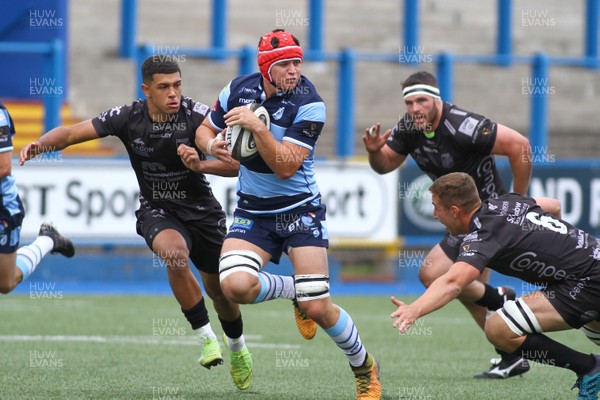 070919 - Cardiff Blues A v Dragons A - Celtic Cup -  James Botham of Cardiff Blues A takes on Huw Taylor(6) and Rio Dyer of Dragons A 