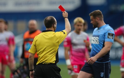 090521 - Cardiff Blues v Dragons, Guinness PRO14 Rainbow Cup - Owen Lane of Cardiff Blues is shown a red card by referee Mike Adamson