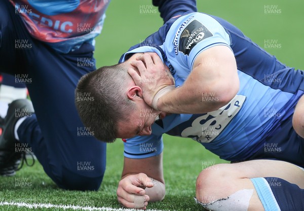 090521 - Cardiff Blues v Dragons, Guinness PRO14 Rainbow Cup - Josh Adams of Cardiff Blues goes down after taking a knock