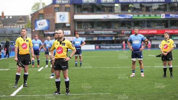 090521 - Cardiff Blues v Dragons, Guinness PRO14 Rainbow Cup - The match officials study the big screen before sending Rhys Lawrence of Dragons off with a red card