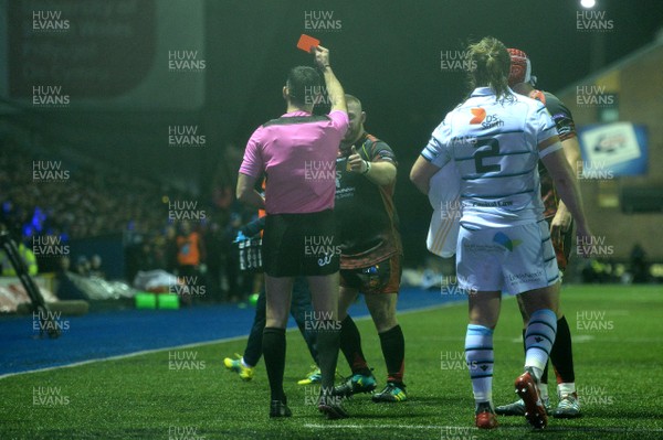 211218 - Cardiff Blues v Dragons Rugby - Guinness PRO14 - Referee Frank Murphy shows Lloyd Fairbrother of Dragons a red card