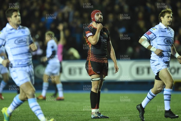 211218 - Cardiff Blues v Dragons Rugby - Guinness PRO14 - Cory Hill of Dragons looks dejected as the winning kick goes over