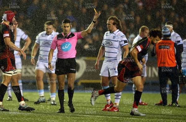 211218 - Cardiff Blues v Dragons - Guinness PRO14 - Zane Kirchner of Dragons is given a yellow card by Referee Frank Murphy
