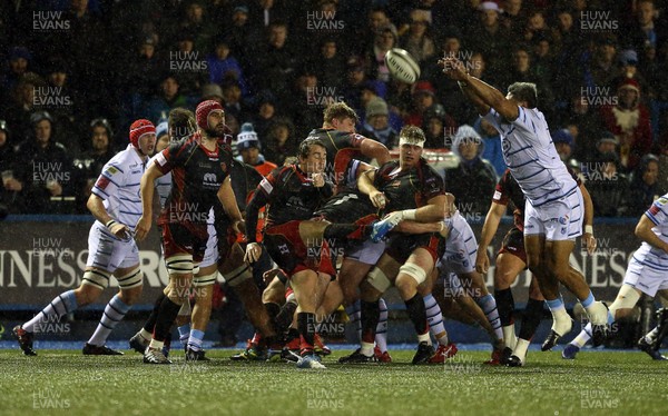 211218 - Cardiff Blues v Dragons - Guinness PRO14 - Rhodri Williams of Dragons clears the ball