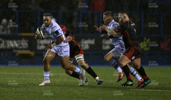 211218 - Cardiff Blues v Dragons - Guinness PRO14 - Willis Halaholo of Cardiff Blues is tackled by Jarryd Sage of Dragons