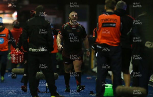 211218 - Cardiff Blues v Dragons - Guinness PRO14 - Lloyd Fairbrother of Dragons walks off the field after being given a red card