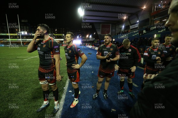 211218 - Cardiff Blues v Dragons - Guinness PRO14 - Dejected Cory Hill of Dragons and team mates