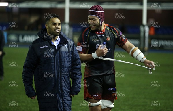 211218 - Cardiff Blues v Dragons - Guinness PRO14 - Willis Halaholo of Cardiff Blues and Brandon Nansen of Dragons