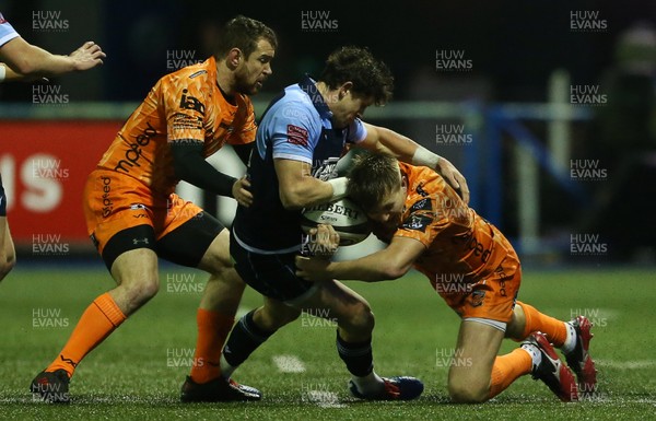 261219 - Cardiff Blues v Dragons - Guinness PRO14 - Will Talbot-Davies of Dragons is tackled by Lloyd Williams of Cardiff Blues