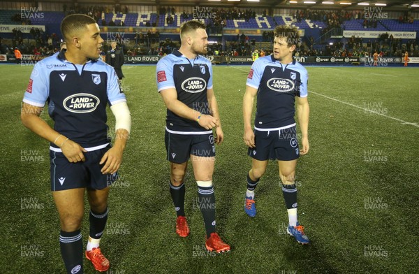 261219 - Cardiff Blues v Dragons - Guinness PRO14 - Ben Thomas, Owen Lane and Lloyd Williams of Cardiff Blues at full time