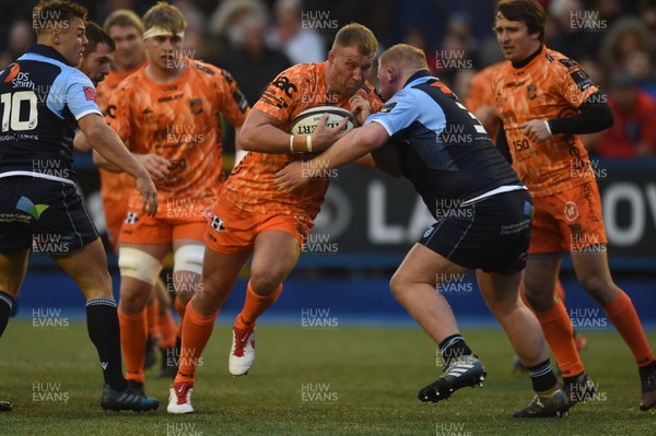 261219 - Cardiff Blues v Dragons - Guinness PRO14 - Ross Moriarty of Dragons is tackled by Keiron Assiratti of Cardiff Blues 