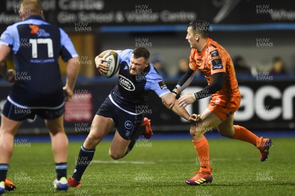 261219 - Cardiff Blues v Dragons - Guinness PRO14 - Owen Lane of Cardiff Blues  is tackled by Sam Davies of Dragons 