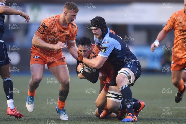 261219 - Cardiff Blues v Dragons - Guinness PRO14 - Sam Davies of Dragons is tackled by James Ratti of Cardiff Blues 