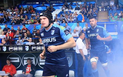 290815 - Cardiff Blues v Newport Gwent Dragons - Preseason friendly - Chris Knight and James Down of Cardiff Blues run out in the new strip