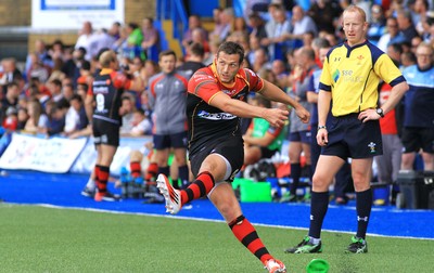 290815 - Cardiff Blues v Newport Gwent Dragons - Preseason friendly - Jason Tovey of Dragons kicks a goal