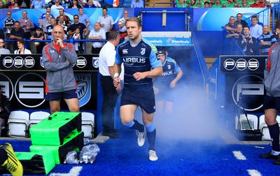 290815 - Cardiff Blues v Newport Gwent Dragons - Preseason friendly - Tom Isaacs of Cardiff Blues run out in the new strip