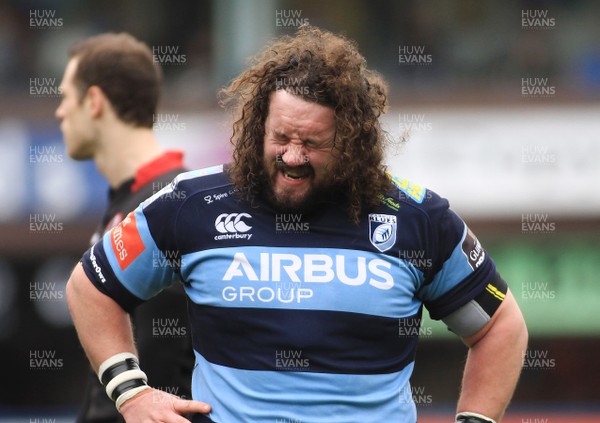 010315 Cardiff Blues v Edinburgh Rugby - GuinnessPro12 -Adam Jones of The Blues struggles with an injury before leaving the field